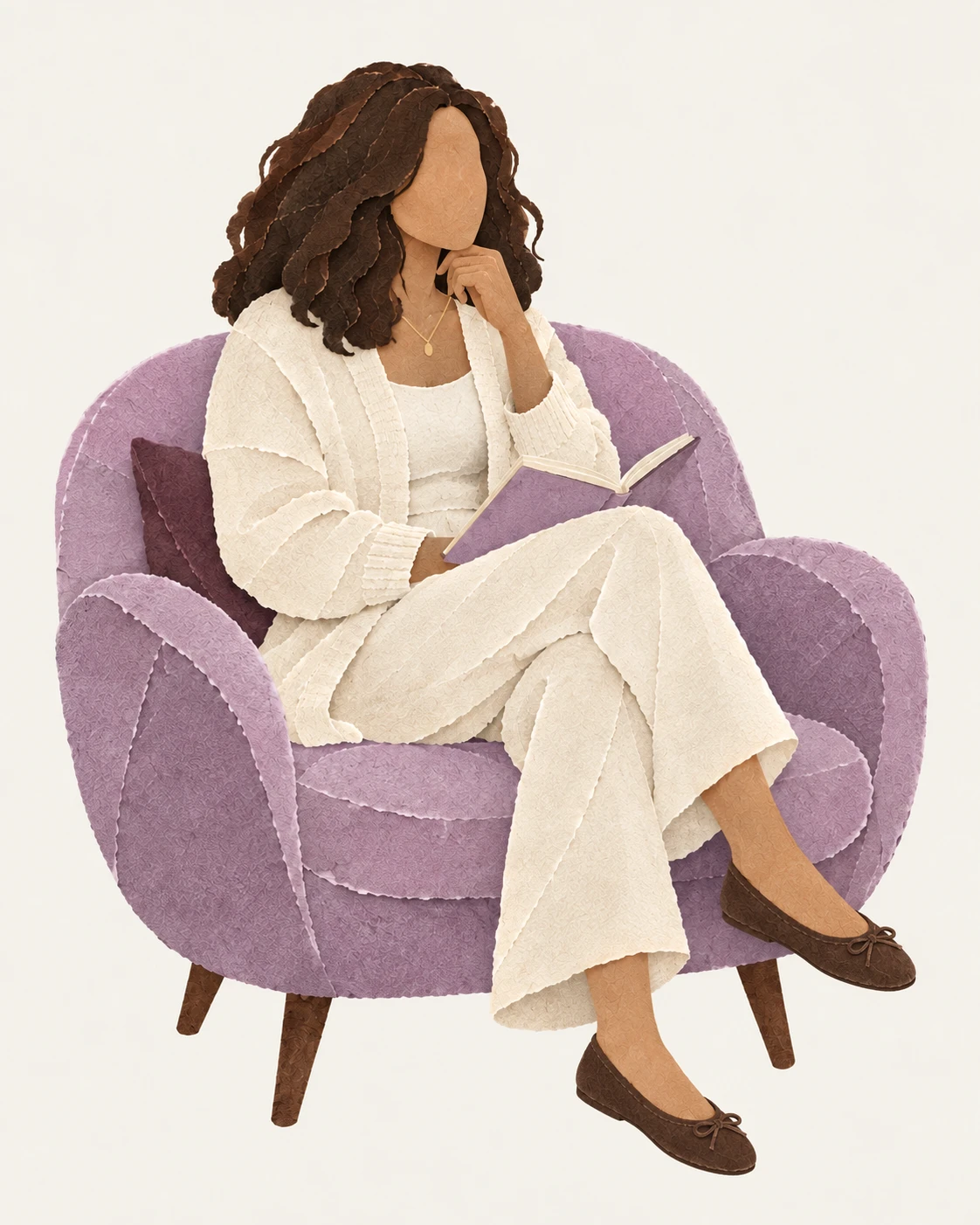 Ilustração em papel de uma mulher numa poltrona lilás, com caderno, sapatilhas e colar delicado